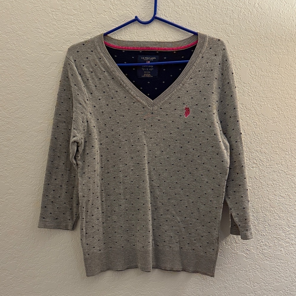 U.S. Polo Assn. Gray V-Neck Sweater with Pink Accents
